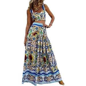 ksotutm 2 Piece Skirt Sets for Women Animal Printed Halter Top High Waist Maxi Skirt Women's Fashion Vacation Outfits (Large, Blue)