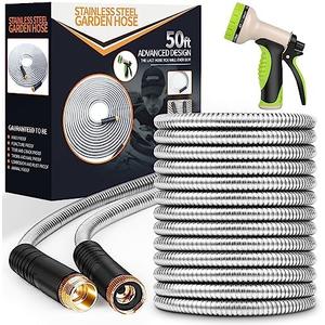 Garden Hose 50 ft, Stainless Steel Water Hose with 10 Function Nozzle Flexible, Heavy Duty, Lightweight, No-Kink, Pet Proof, Puncture Proof Hose Metal for Yard, Outdoor