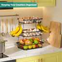 3 Tier Fruit Basket for Kitchen Counter with 2 Banana Hangers, Countertop Metal Fruit Bowl with Wooden Handle, Large Storage Stand for Vegetables, Snacks, Breads, Produce Storage Black