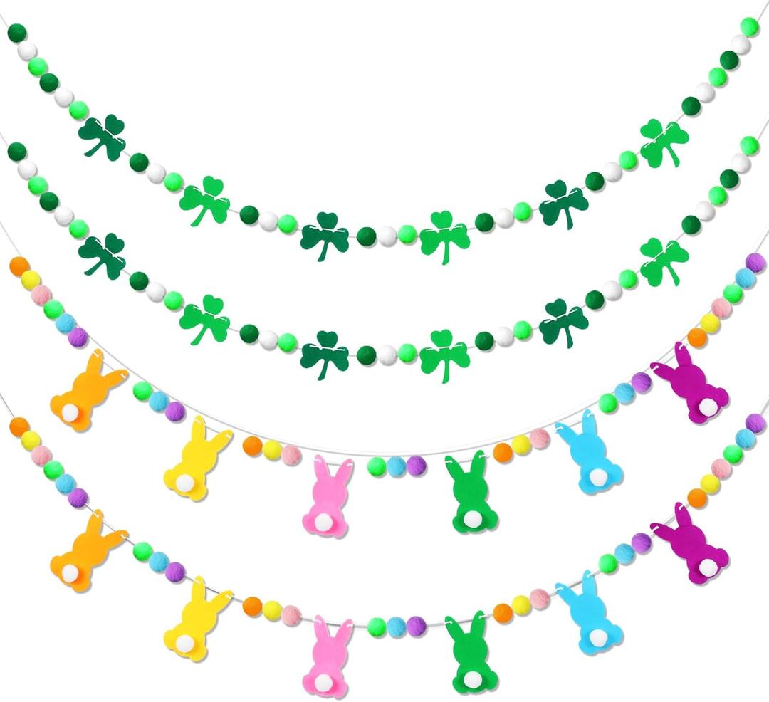 Breling 4 Pcs St. Patrick's Day Easter Banner Decor St. Patrick's Day Felt Garland Easter Garland Bunny Shamrock Clover Hanging Banner for Party Mantle Home Supplies