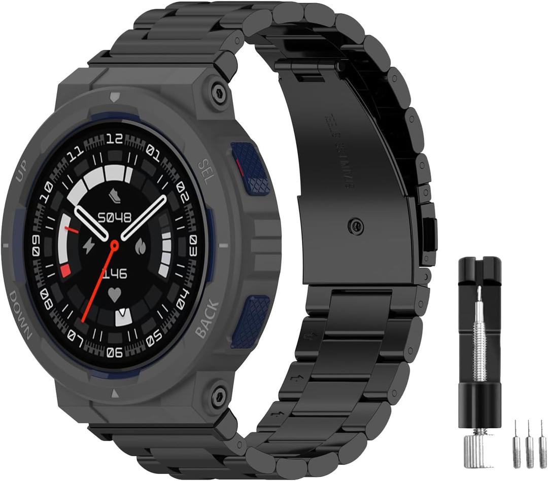 Metal Bands Compatible for Amazfit Active Edge, Solid Stainless Steel Adjustable Strap Replacement Band for Amazfit Active Edge Smart Watch Accessories (Black)