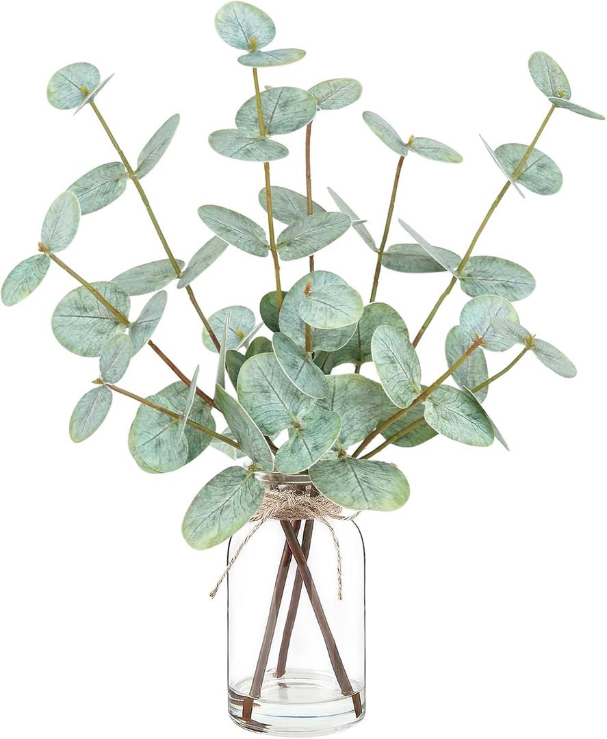 Artificial Eucalyptus Stems in Glass Vase with Faux Water,Artificial Plants Eucalyptus Leaves for Shelf Desk Bathroom Farmhouse Room Coffee Table Home Decor, Central Decoration.
