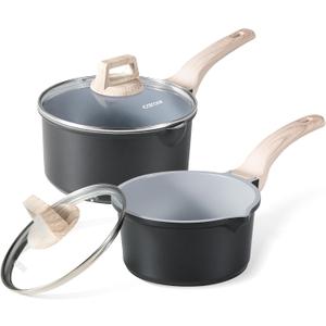 CAROTE 1.5Qt & 3.0Qt Sauce Pan Set with Lid Nonstick Ceramic Saucepan with Pour Spout 4 Pcs Sauce Pots Non-Toxic Cooking Pots (Black/Gray)