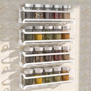 LUCYCAZ 4 Pack Wall Mounted Spice Rack with 16 Hooks, Spice Organizer Shelf for Stove Cabinet Pantry Door,Screw or Adhesive Spice Shelf Hanging Wall Spice Rack in Kitchen and RV (White, 4 PACK)