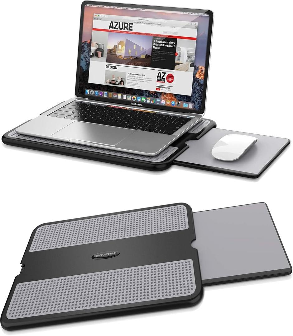 AboveTEK Portable Laptop Lap Desk w/Retractable Left/Right Mouse Pad Tray, Non-Slip Heat Shield Tablet Notebook Computer Stand Table w/Sturdy Stable Work Surface for Bed Sofa Couch or Travel, 0.24"D x 14.2"W x 0.24"H