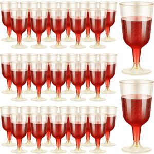 Meanplan 100 Pcs Plastic Wine Glasses with Stem 6oz Plastic Wine Cups for Parties Disposable Stackable, Wedding Picnics(Glitter Style,Gold)