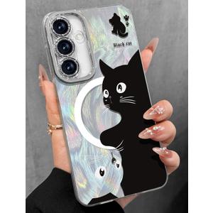 Toycamp for Samsung Galaxy S25/S24 Case - Compatible with Magsafe Aesthetic Cute Holographic Galaxy S25 Case with Diamond Bling Lens Protector for Samsung S24 Cover for Women Girls, Black White Cat