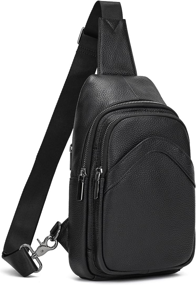 LUUFAN Men's Genuine Leather Sling Bag Chest Shoulder Backpack Crossbody Bag for Casual Sports Hiking Running Travel (9333h-black)