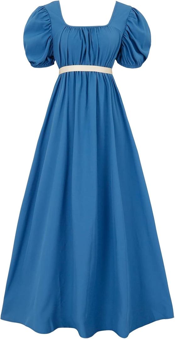 Regency Dresses for Women with Satin Sash Ruffled Puff Sleeve Empire Waist Dress Gown, 3X-Large, Royal Blue