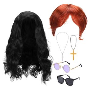 6 Pcs 80's Rocker Couples Costume Wig Sunglasses Set Include Black & Red Wigs, Cross Necklaces, Round Circular Sunglasses Hip Hop Cosplay Accessories for Men Women Halloween Party Supplies
