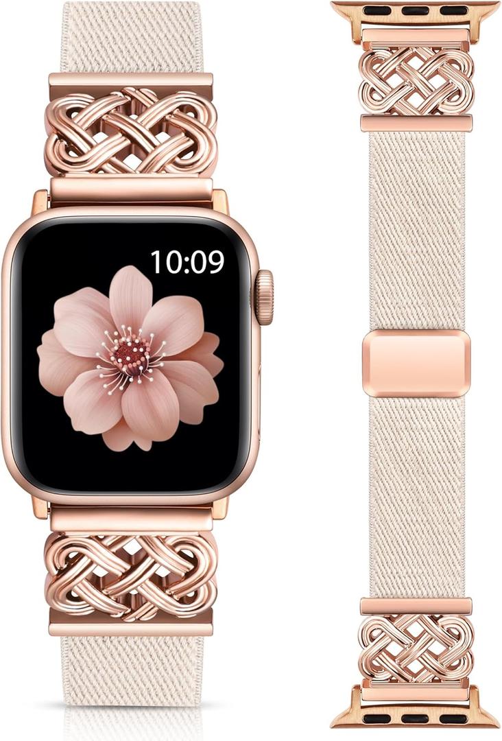 Minyee Magnetic Stretchy Band Compatible with Apple Watch Bands 38/40/41/42/44/45/46/49mm Women Men, Celtic Knot Soft Elastic Nylon Fabric Strap for iWatch Series 11 10 9 8 7 6 5 4 SE/Ultra 3 2 1 (Starlight/Rose Gold)