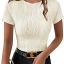 EVALESS Womens Short Sleeve Textured Tops Summer Casual Crewneck Solid Slim Fitted Basic T Shirts Tee Blouses (Small, E Beige)