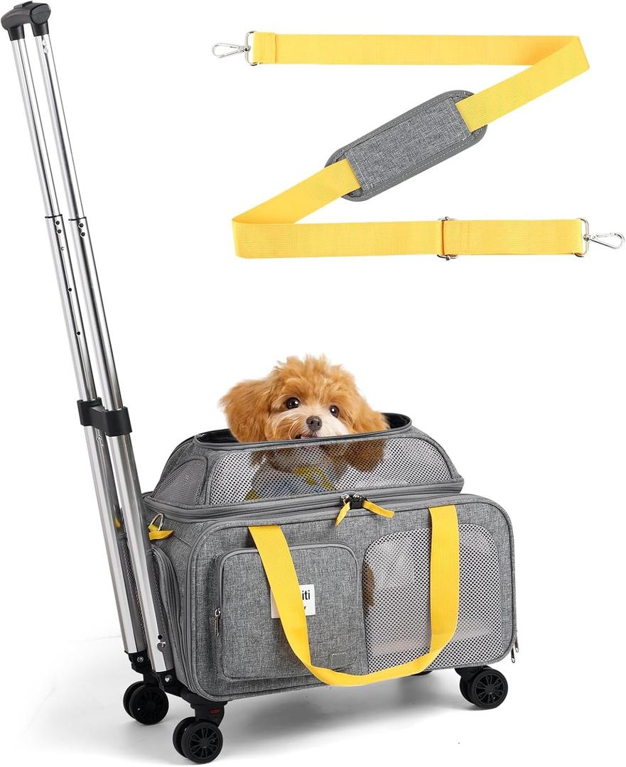 pidipiti 18x13.5x9 TSA Approved top Expandable Rolling pet Carrier for Small Dog Puppy cat up to 8 lbs and 17'' in,Soft Sided for Spirit Southwest Airline,with 4 Wheels and 2 Pockets(Grey).