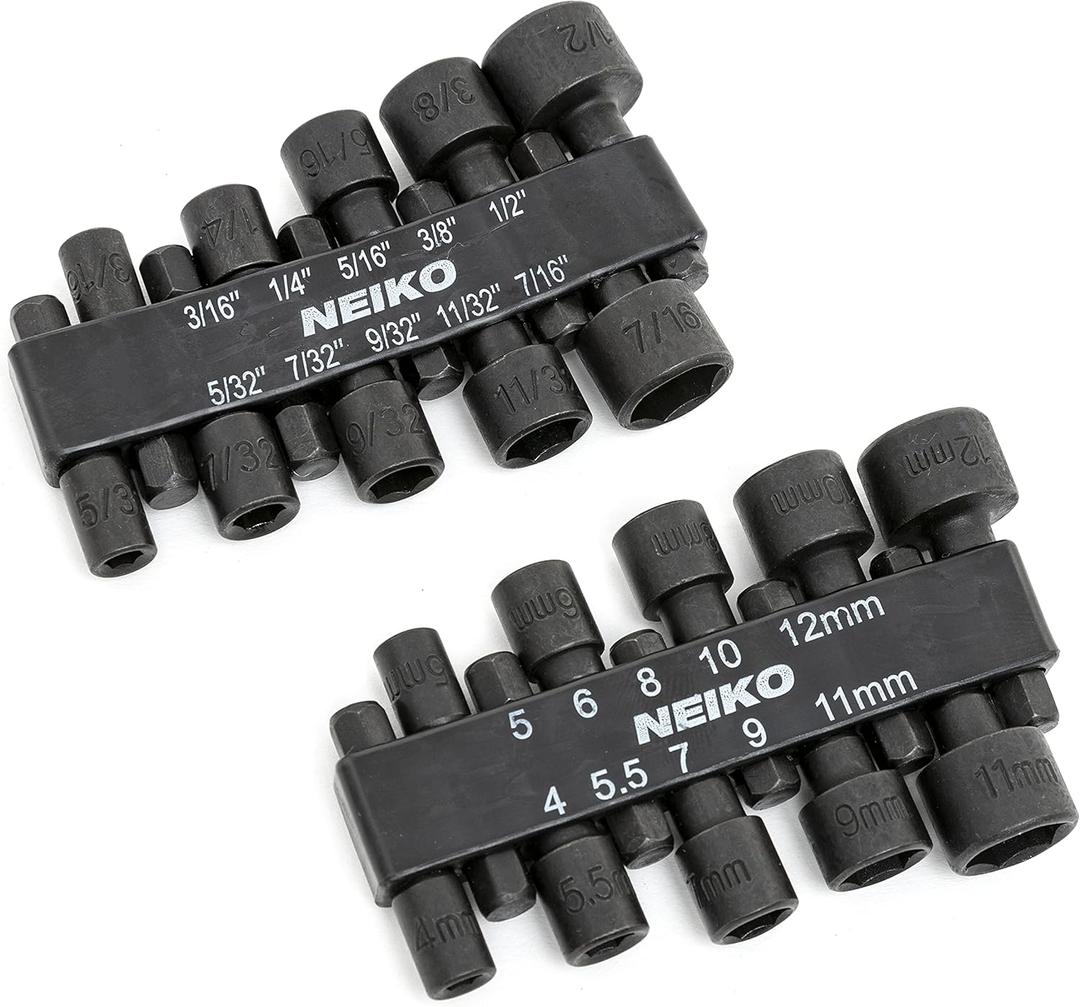 NEIKO 10068A Nut Driver Set, For Impact Drill and Driver, 20 Piece, 1/4 Hex Small Nut Driver Bit Set, Metric and Standard, 4-12 mm & 5/32-1/2, CR-V Steel, Nutsetter Driver Bits