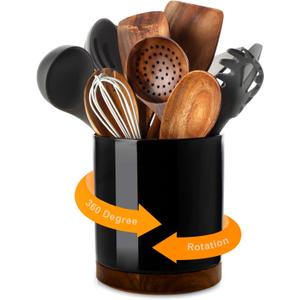 Nucookery 360°Rotating Utensil Holder, 7.2" Large Utensil Crock, White Ceramic Cooking Utensil Organizer,Farmhouse Kitchen Decor Christmas Thanksgiving Gift (Stone Black)