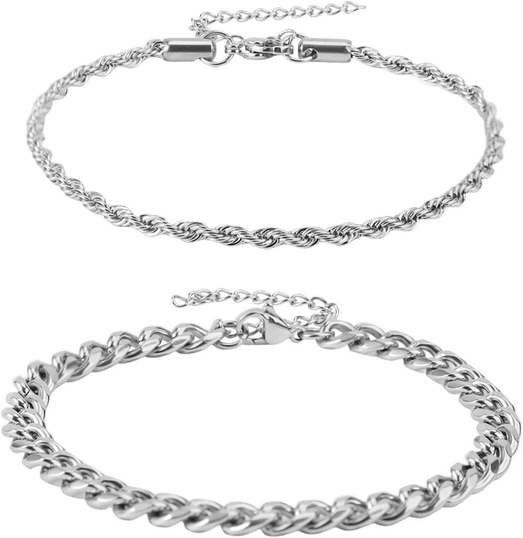 2pcs Silver Chain Bracelet for Men, Durable Waterproof Stainless Steel Cuban Link Bracelet Easter Gifts Fashion Mens Jewelry for Him or Teens Boys Gift Ideas