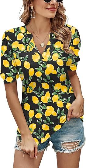 Romanstii Women Casual V-Neck T-Shirts Loose Puff Short Sleeve Tops Tunic Blouses L, Black & Lemon Pattern