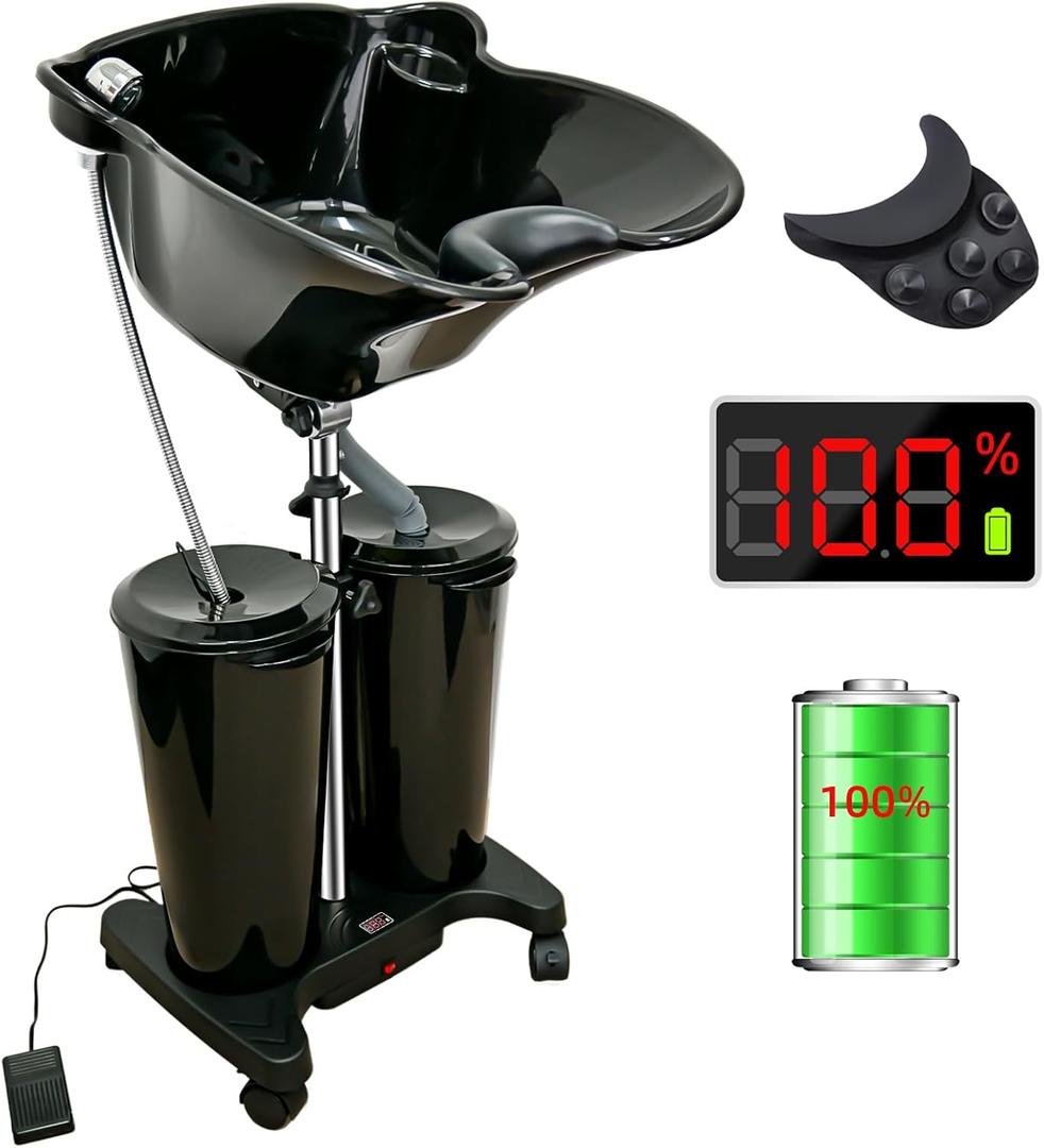 Portable Shampoo Bowl with Electric Pump, Rechargable Shampoo Basin with Sprayer and Water Tanks, Mobile Hair Washing Sink, Adjustable Portable Salon Sink for Home Salon Use (Rechargeable)
