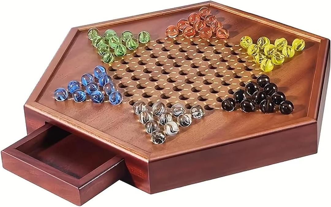 Chinese Checkers Board Game  12.6" Wooden Set with 60 Colorful Glass Marbles + 12 Extra Marbles  Classic Strategy Game for Adults & Family Fun