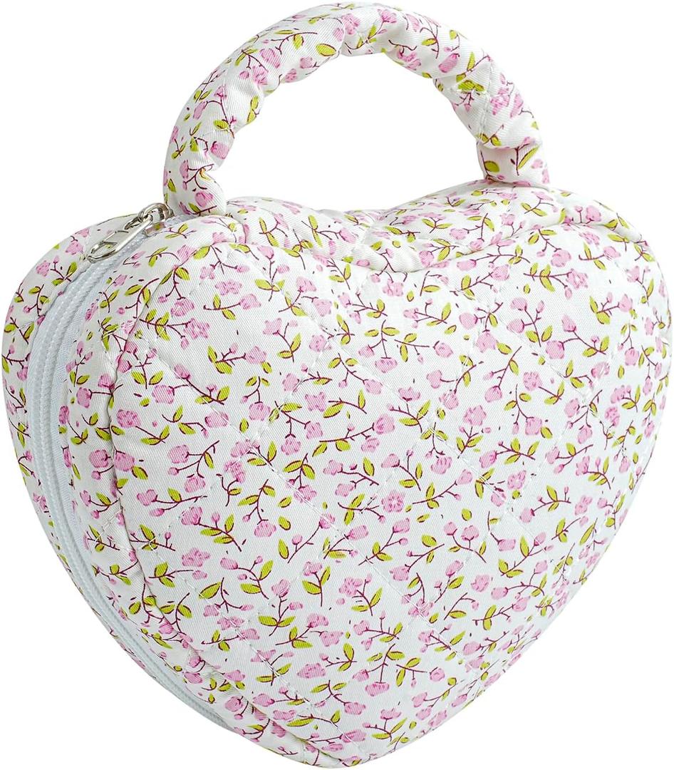 Heart Shaped Floral Cotton Cosmetic Bag Makeup Bag for Women, Travel Quilted Zipper Make Up Case with Handle, Flowers Toiletry Organizer Makeup Cosmetic Travel Cloth Pouch (Small Pink Flower)