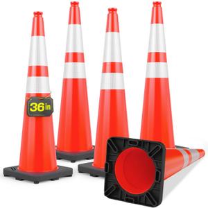 BATTIFE 5 Pack 36 Inch Traffic Cones, Orange PVC, Black Weighted Base