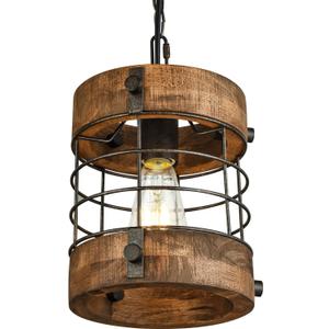 Retro Industrial Metal and Wood Chandelier 1-Light Round Cage Pendant Light Fixture for Kitchen Island Foyer Hallway Bar Dining Room Restaurant, D 7.9" x H 8.7" (Brown)