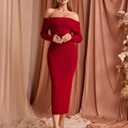 GLNEGE Off The Shoulder Fall Wedding Guest Dress Long Sleeve Bodycon Formal Cocktail Sweater Dresses for Women Wine (XS)