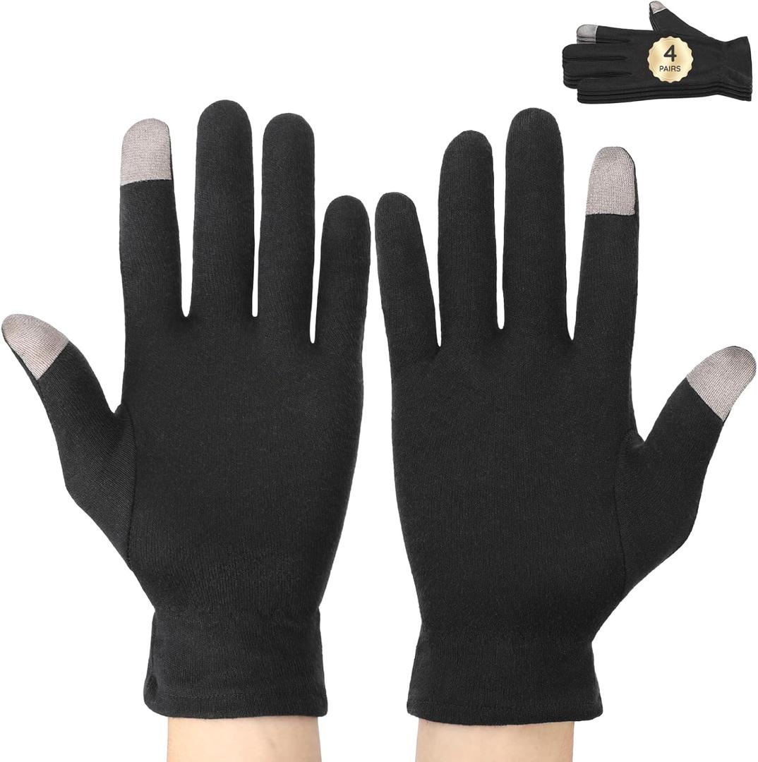 Segbeauty 8 Counts Black Cotton Gloves Touchscreen for Women and Men, 4 Pairs Hand Moisturizer Gloves with Elastic Band, Soft Sleeping Glove for Dry Hands Overnight, Spa Lotion Cotton Glove Liners (Medium)