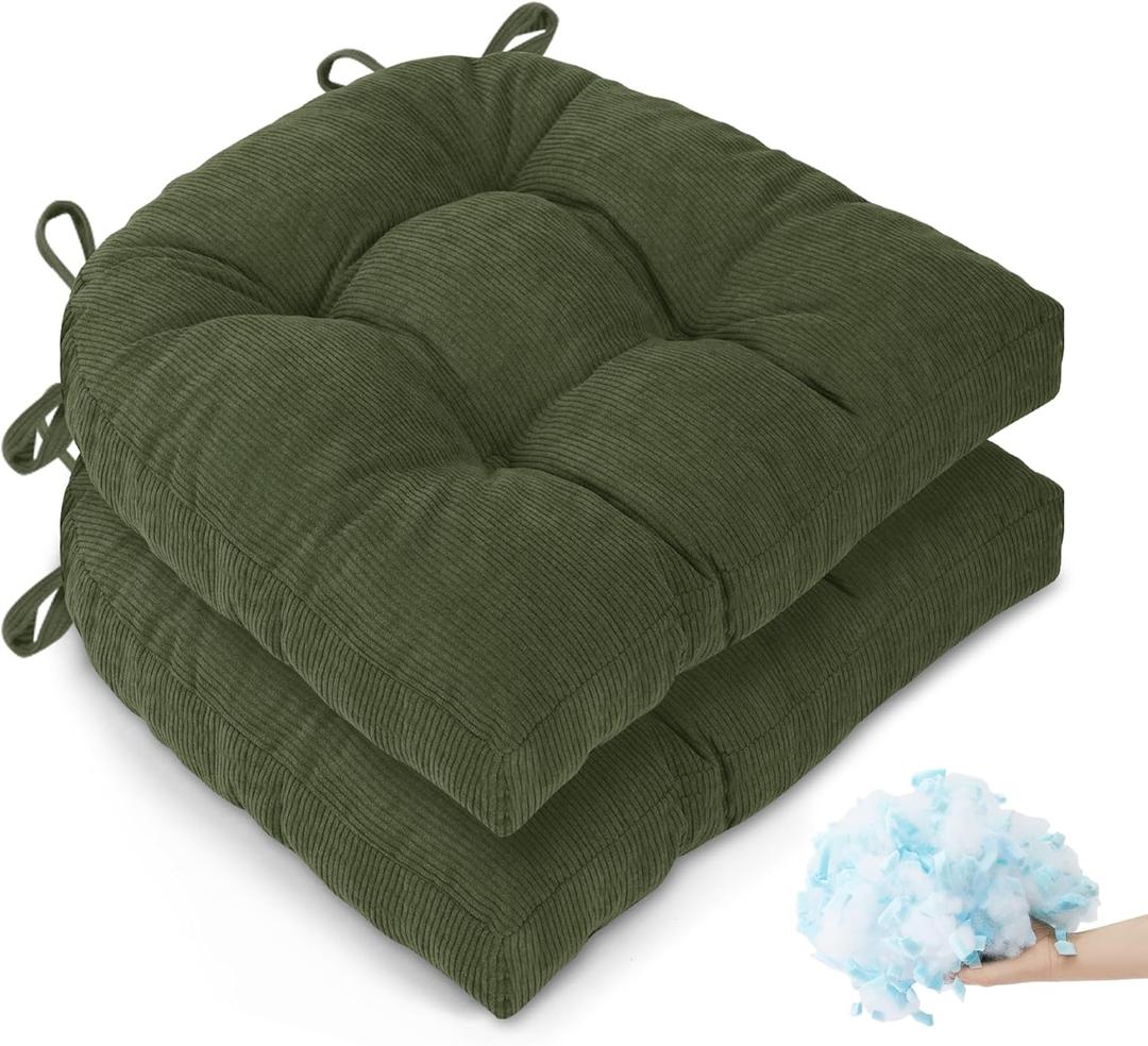 20x20 in Extra Large Dining Room Chair Seat Cushions for Kitchen Wicker Chairs Pads 2 Pack with Ties Indoor Non Slip Memory Foam 3 inches Thick Wide Modern Tufted Cushion Green
