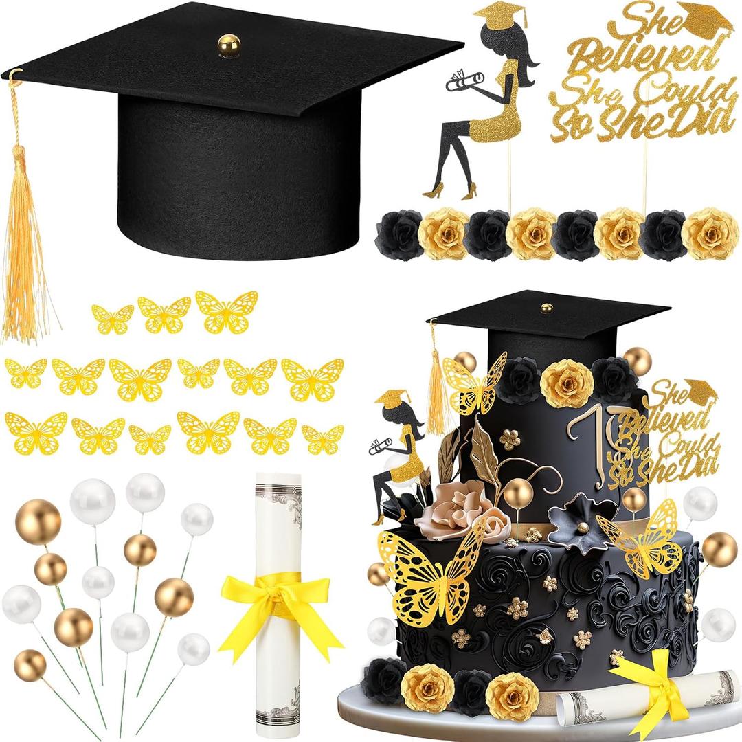 Boao 36 Pcs Graduation Cake Decorations Congrats Grad Cake Toppers Class of 2026 Cap Diploma She Believed She Could Rose Butterfly Decor for Girls 2026 Graduation Party Supplies(Gold)