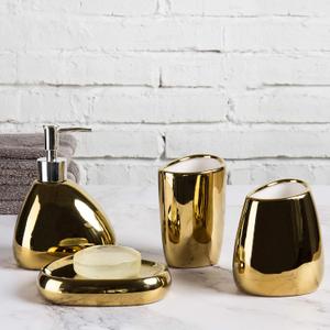 MyGift 4 Pc Complete Set Modern Ceramic Gold Bathroom Accessories Set with Soap Dispenser, Tumbler, Toothbrush Holder and Soap Dish, Bathroom Organizer Accessory for Modern Home Decor