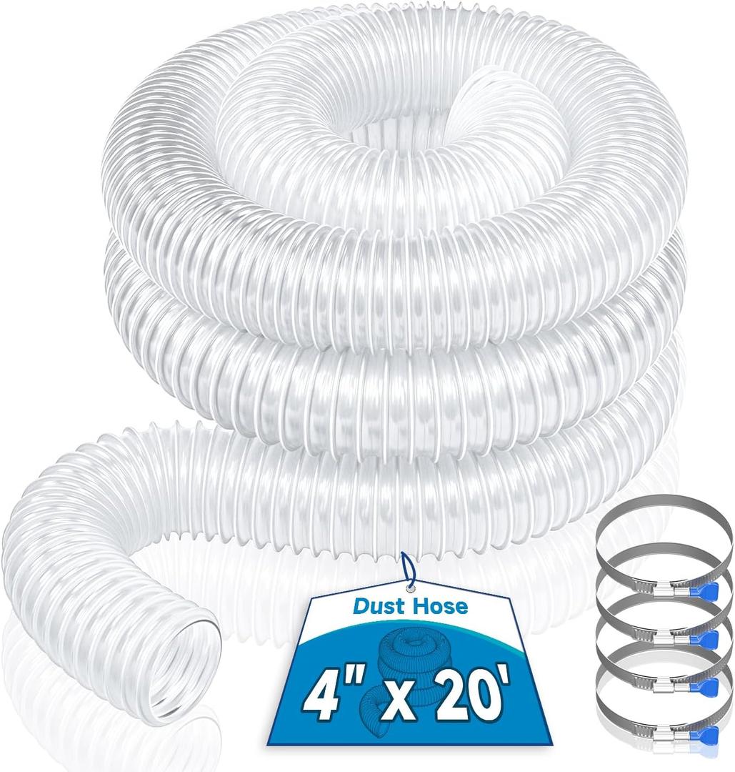 Hon&Guan 4" x 20' Dust Collection Hose, 4 Inch Flexible Clear PVC Dust Collector Hose with Carbon Steel Wire for Woodworking Dust Collecting System, Includes 4 Hose Clamps