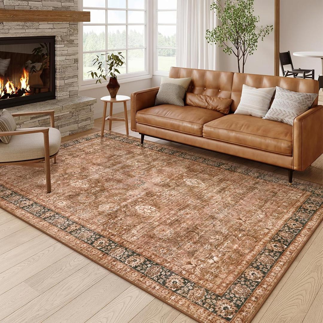 Morebes Vintage Living Room Rug,Washable Large Area Rug 6x9 Non Slip,Distressed Soft Floral Dorm Boho Rugs,Indoor Accent Floor Carpet for Nursery Kitchen Coffee Table Dining,Brown