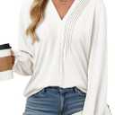 Dokotoo Womens Tops Casual Pleated V Neck Puff Long Sleeve T Shirts Loose Tunic Business Blouse (Small)