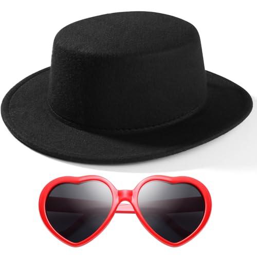 SpareCruise Kids Fashion Classic Black Fedora Hats + Red Heart Sunglasses Costume Outfit - Flat Wide Brim Church Cap Jazz,for Girls