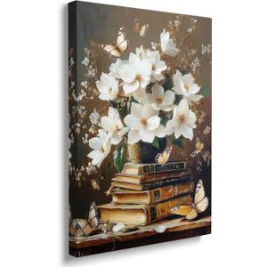 Framed Floral Book Butterfly Vintage Picture Wall Decor Gift Retro Bible Print Poster Rustic Painting Flower Canvas Wall Art for Living Room Bedroom Artwork (12"x16")