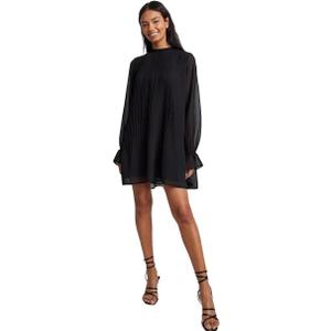 Elina fashion High Frill Neck Drawstring Waistline Long Sleeves with Buttoned Cuffs Dresses (Large, Black 2)