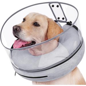 BARKLESS Inflatable Dog Cone, Protective Dog Surgery Collar to Stop Licking Biting Wounds, Soft Donut Cone with Detachable Clear Shield, Adjustable Blow-up Collar for Surgery Recovery (Grey, XL) (XL (Neck: 18"-23"))