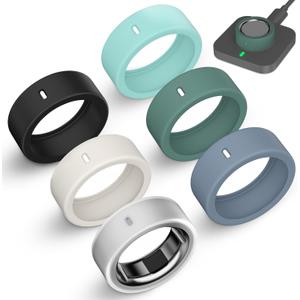 6 Pack Ultra-Thin Cover Compatible with Oura Ring Gen 4/4 Ceramic/Gen 3 Horizon/Heritage/Ultrahuman, Support Charging with Cover on, Anti-Scratch Elastic Silicone Rings Protector Accessories Men Women (M for 8/9/10/11, Black+Clear+Starlight+GreyBlue+Cactus+Green)