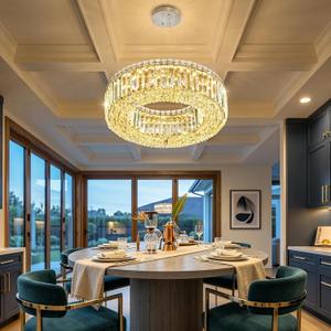 20'' Modern Ring Chandeliers for High Ceiling Luxury Dimmable Crystal Ceiling Light Fixtures for Dining Room Kitchen Foyer Entrance Villa Silver