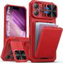 SSLOTSCASE for iPhone 17 Pro Case with Credit Card Holder & Stand & Slide Lens Cover & Kickstand, Stylish Sturdy TPU Soft Silicone Edge Protective Phone Case Cover for iPhone 17 Pro 6.3'' 2025, Red