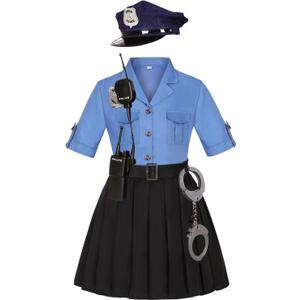 KIDIN Police Officer Costume for Kids Cop Costume for Girls Police Dress Up Halloween Cosplay Birthday Gift (9-10 Years, Light Blue)