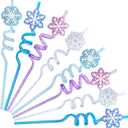 24Pcs Glitter Reusable Frozen Plastic Straws Drinking Straws, 4 Snowflake Shape & 4 Colors, Frozen Party Decoration Birthday Party Supplies