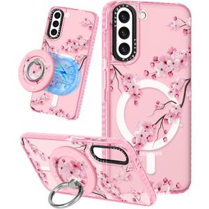 Cute Case for Samsung Galaxy S21 for Women Girls - Funny Design Compatible with Magsafe Magnetic Ring Holder Kickstand Art Peach Blossom Fashion Pattern