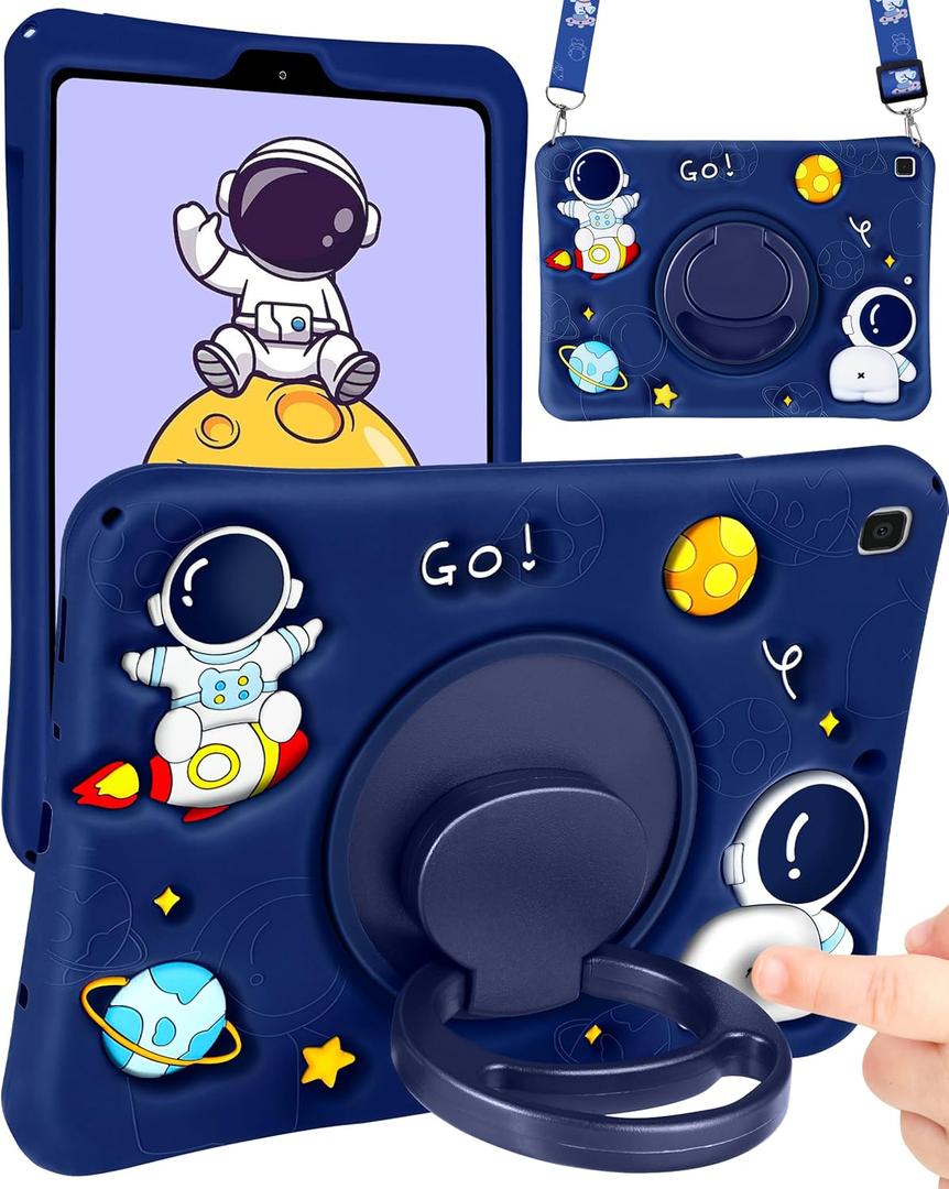 Wazzasoft for Samsung Galaxy Tab A7 Lite 8.7 Case Boys Cute Astronaut Cover Kawaii 3D Cartoon Spacemen Girls Cool with Rotating Handle Stand + Strap Soft Silicone Funda for Galaxy A7 Lite Table Cases