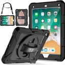 LTROP iPad 6th Generation Case, iPad 5th Generation Case, iPad Air 2 Case, iPad 9.7 Case for Kids, Shockproof 9.7 inch iPad Case with Rotating Stand/Hand Strap/Pencil Holder for iPad 2018/2017 - Black