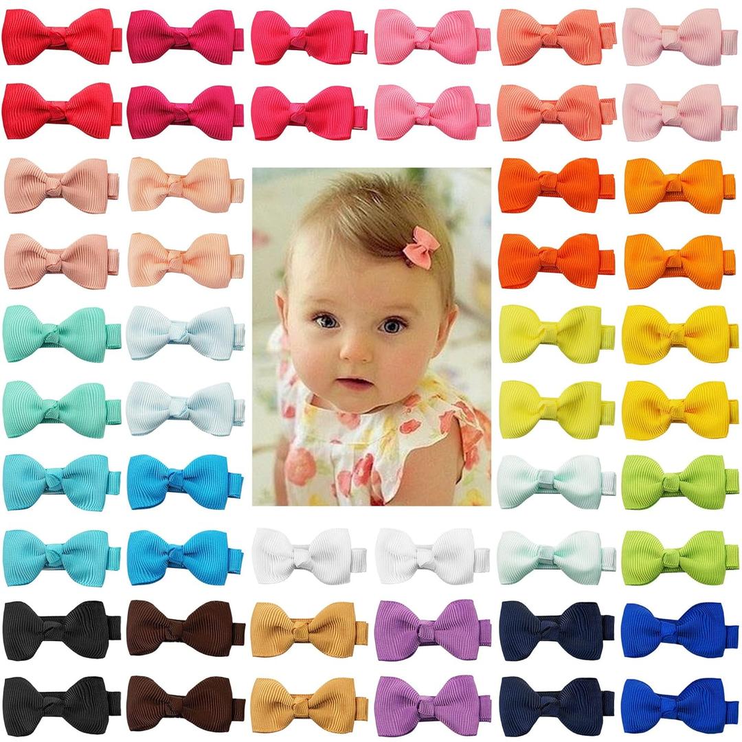 CLLOT Baby Hair Clips 50 Pieces 25 Colors in Pairs Baby Girls Fully Lined Bows Hair Pins Tiny 2" Hair Bows Alligator Clips for Girls Infants Toddlers