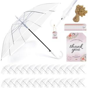 30 Pack Clear Umbrella Wedding, Auto Open Transparent Stick Umbrella with White J Hook Handle, Windproof Waterproof Large Canopy Umbrella for Bride Groom Photography Golf Outdoor Events