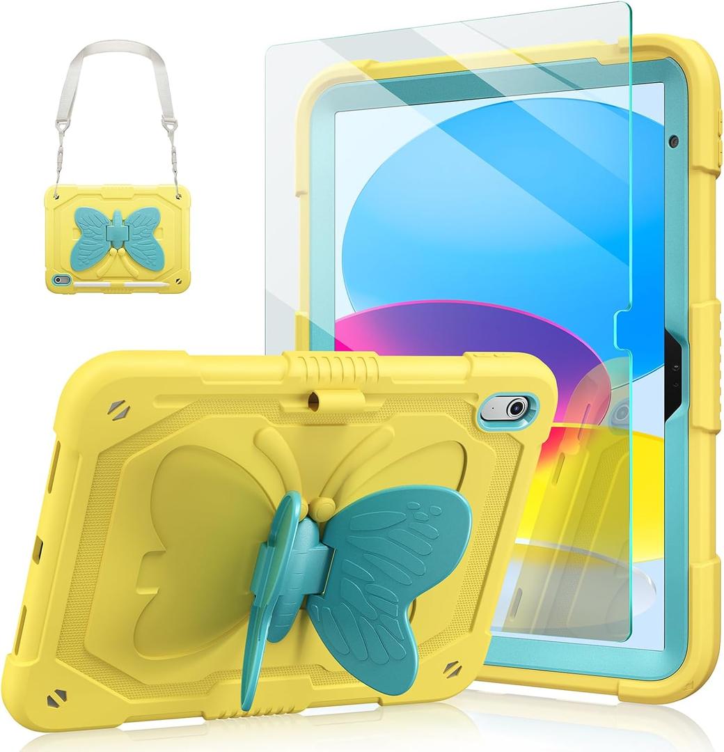 Ambison Case for iPad (A16) 11th/10th Generation 2025/2022 10.9'' for Kids Girls, with 9H Tempered Glass Screen Protector, Heavy Duty Protective Case with Butterfly Stand, Carrying Strap-Yellow