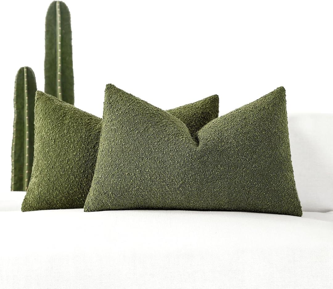 12x20 Boucle Lumbar Pillow Covers, Set of 2, Olive